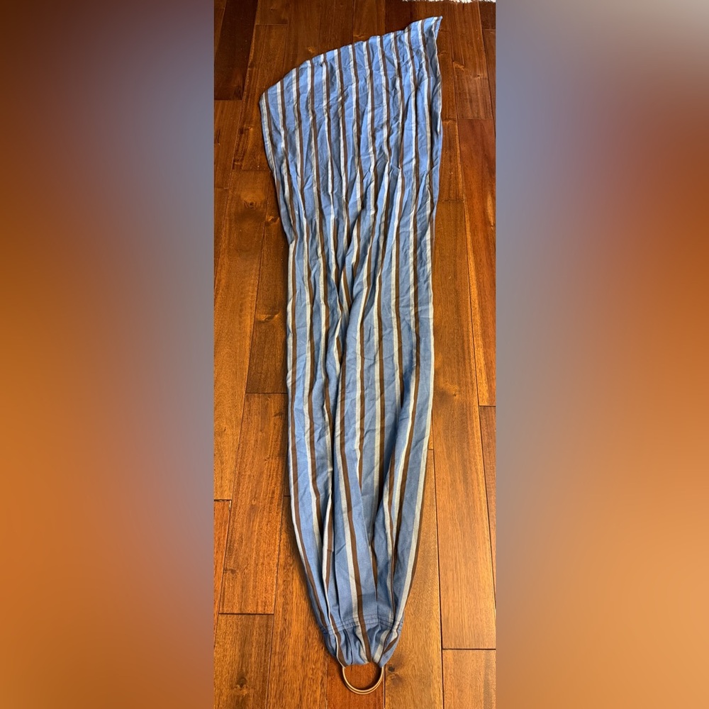 Earthy Bliss 100%Cotton Brown/Blue/ivory Kenzie Ring Sling Baby wrapped.